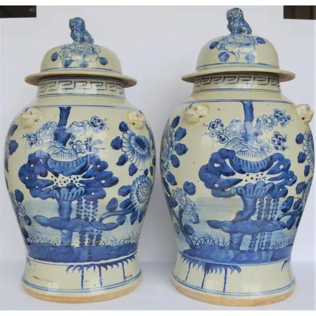 Chinoiserie White & Blue Floral Baluster Ginger Jars - a Pair | Chairish