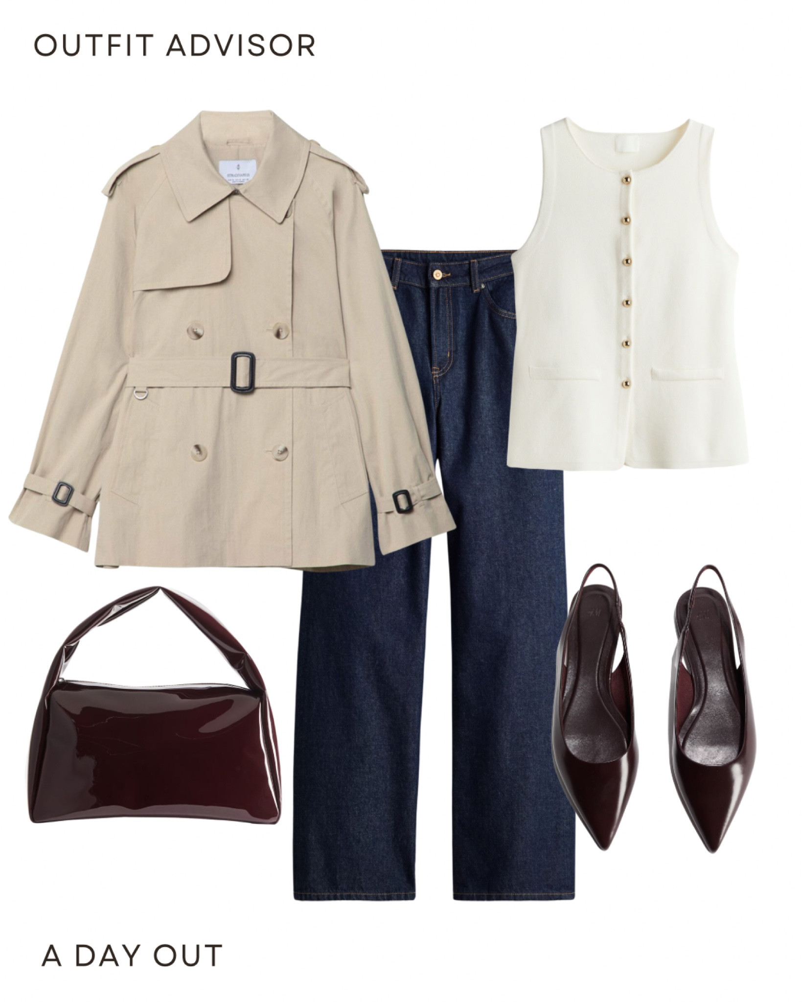 Casual autumn outfit inspo: a light brown cropped trench coat, jeans, a white waistcoa, burgundy bag and flats

#LTKworkwear #LTKmidsize #LTKstyletip