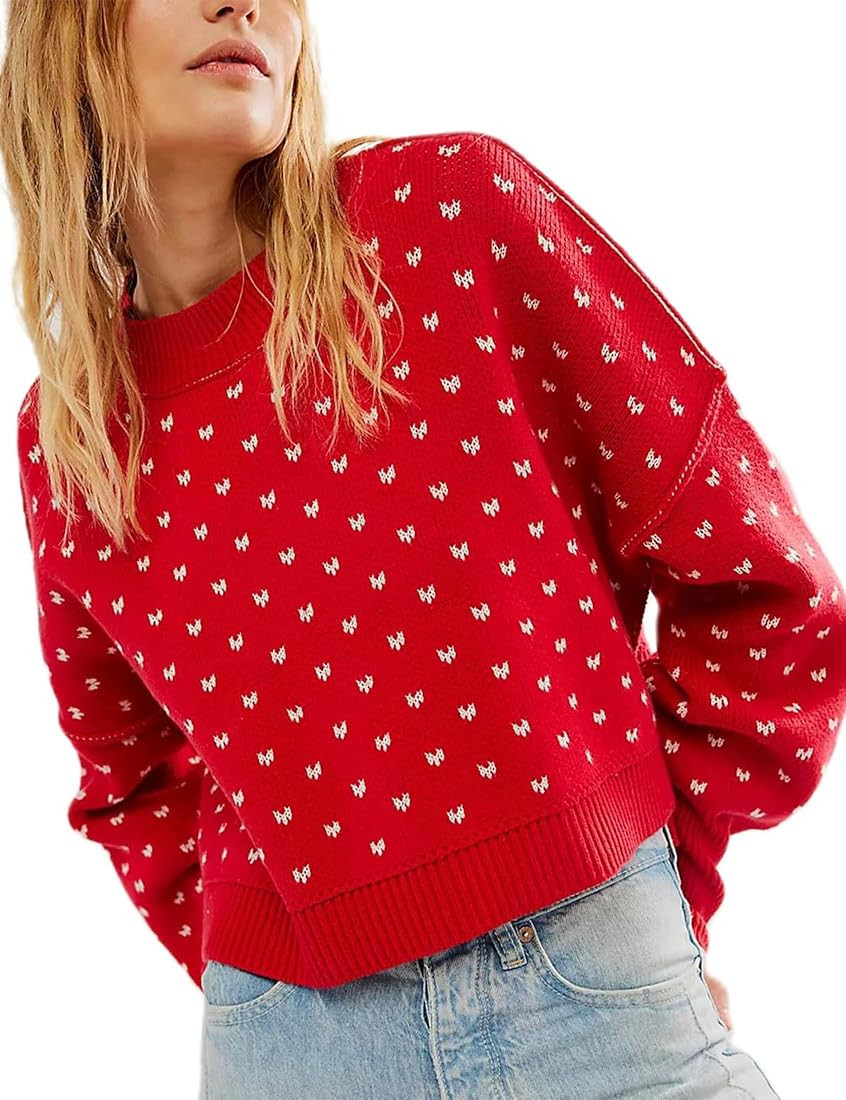 Womens Cropped Pullover Sweater Polka Dot Chunky Knit Sweater Floral Printed Crewneck Long Sleeve... | Amazon (US)