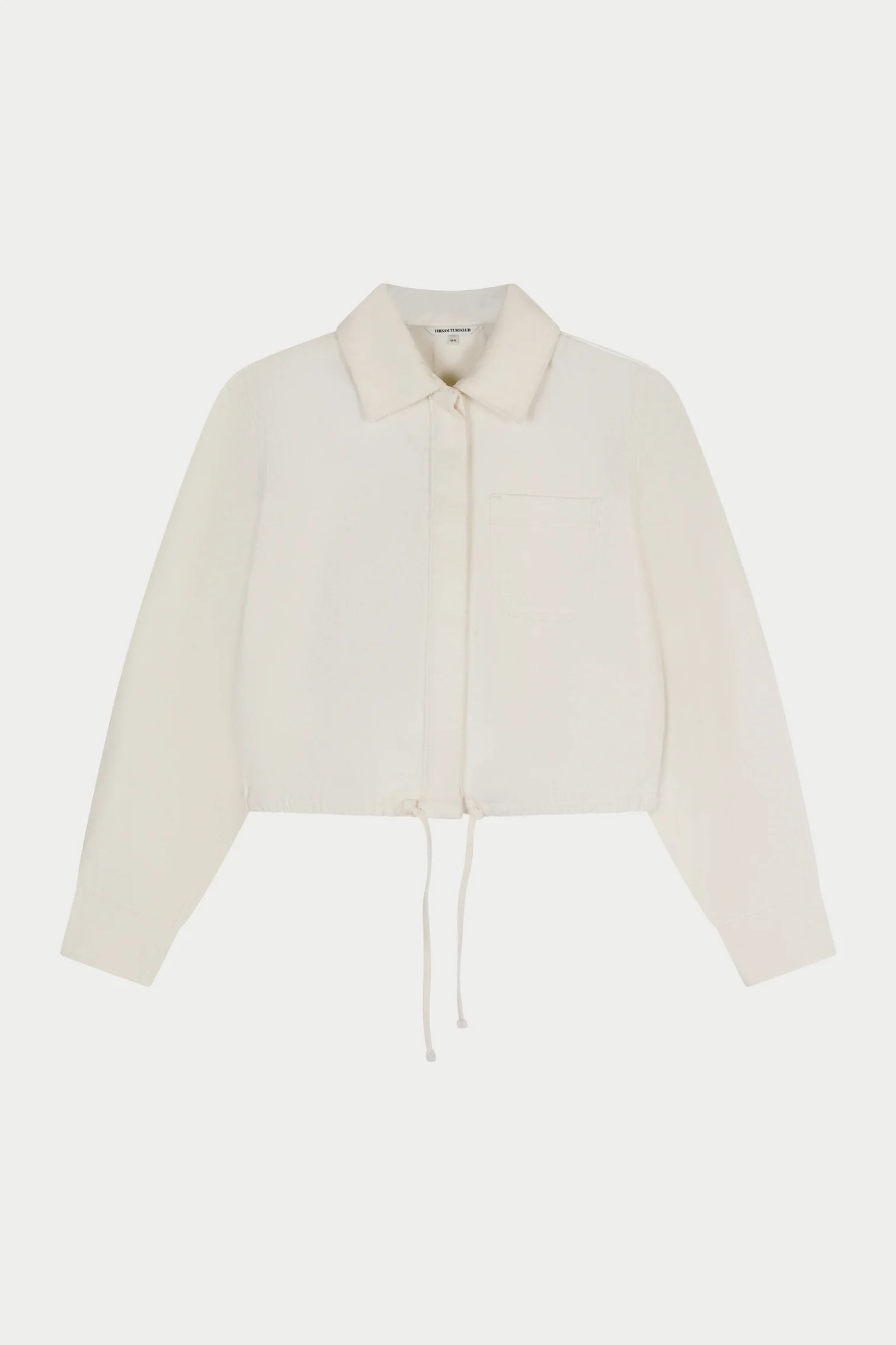 TIE HEM SHOULDER PADDED DENIM JACKET - ECRU | The Couture Club