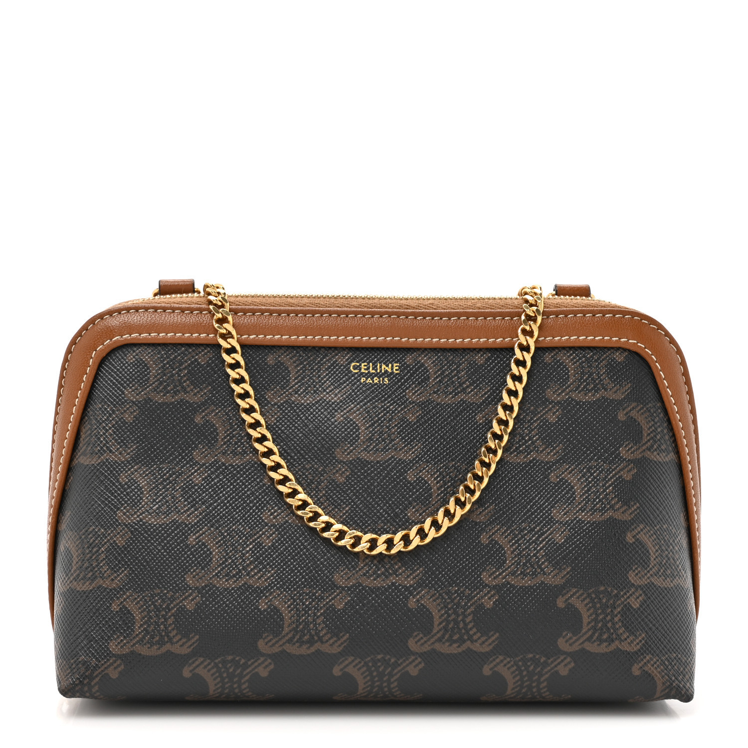 Triomphe Canvas Calfskin Mini Clutch on Chain Tan | FASHIONPHILE (US)