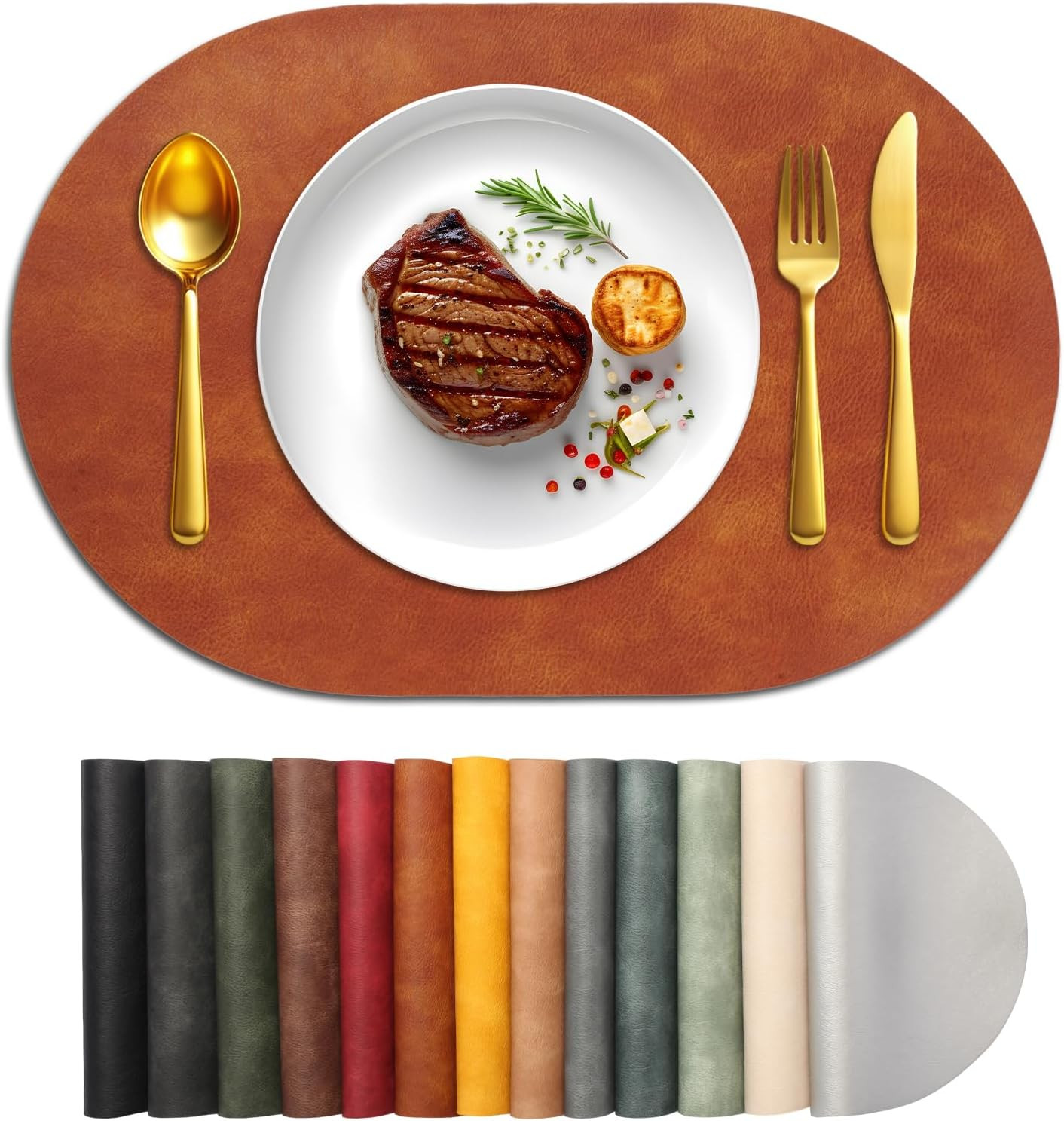 UnivoColors Placemats Oval Faux Leather Placemats,Heat Resistant Placemats Set of 4 Washable 12x17 Inch,Waterproof Table Mats,Wipeable Pu Place Mats for Kitchen,Dining Room.Reddish Brown | Amazon (US)