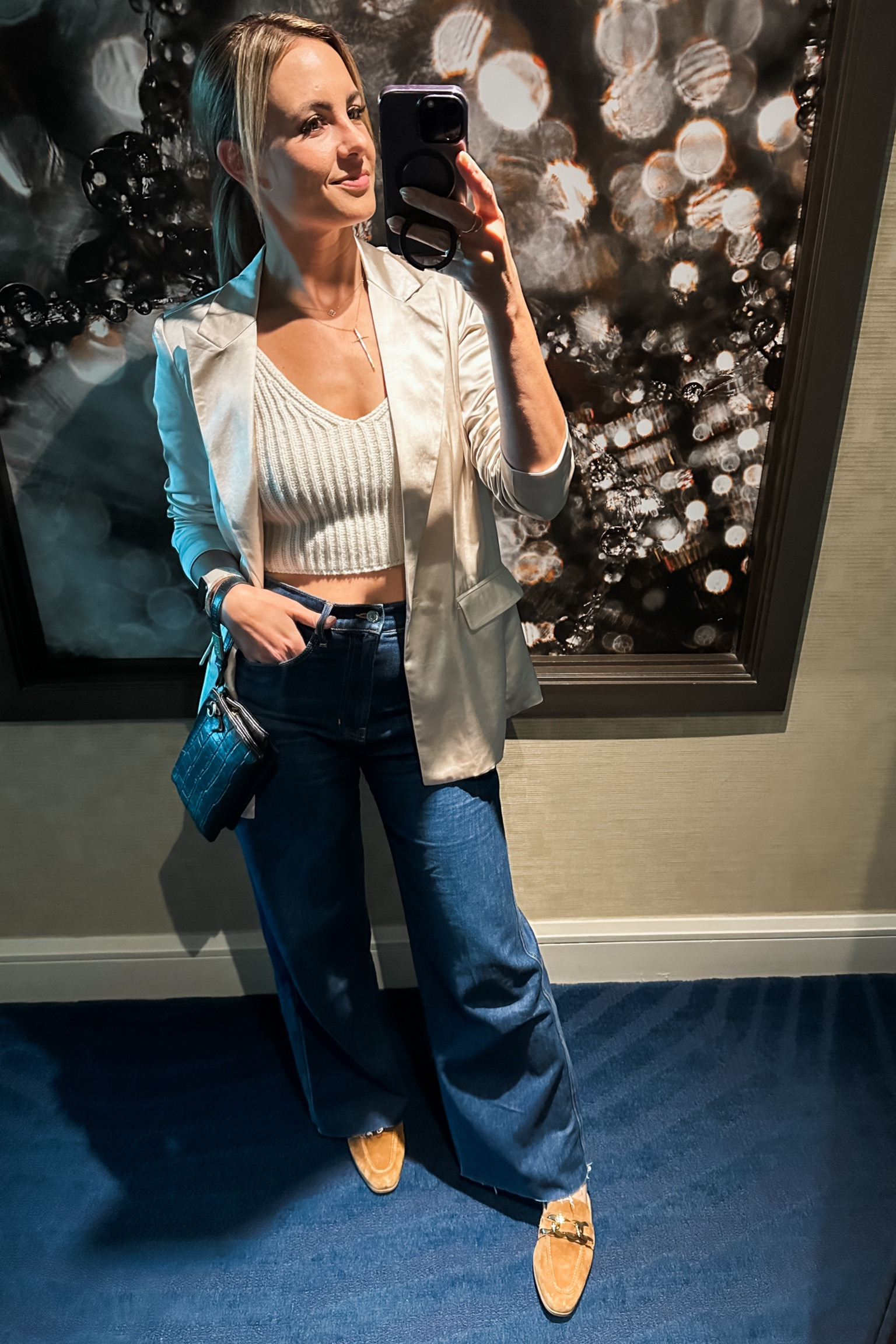 Evening work event look :: champagne satin blazer, knit tank, wide leg jeans, indigo wash denim, suede mules, cognac mules, black clutch, date night look, business casual look, business casual outfit, smart casual outfit

#LTKworkwear #LTKstyletip #LTKshoecrush