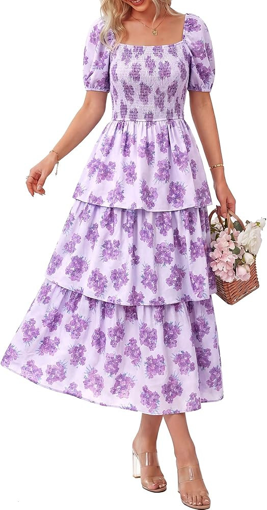 BTFBM Womens Square Neck Smocked Dress Summer Puff Short Sleeve Floral Casual Ruffle Tiered Maxi ... | Amazon (US)