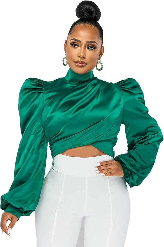 White Blouse for Women Puffy Long Sleeve Mock Neck Tops Satin Silk Shirts Work Blouses | Amazon (US)