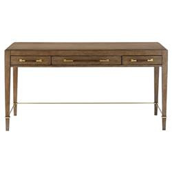 Audrina Rustic Lodge Brown Mahogany Wood Gold Metal Pull 3 Drawer Desk | Kathy Kuo Home