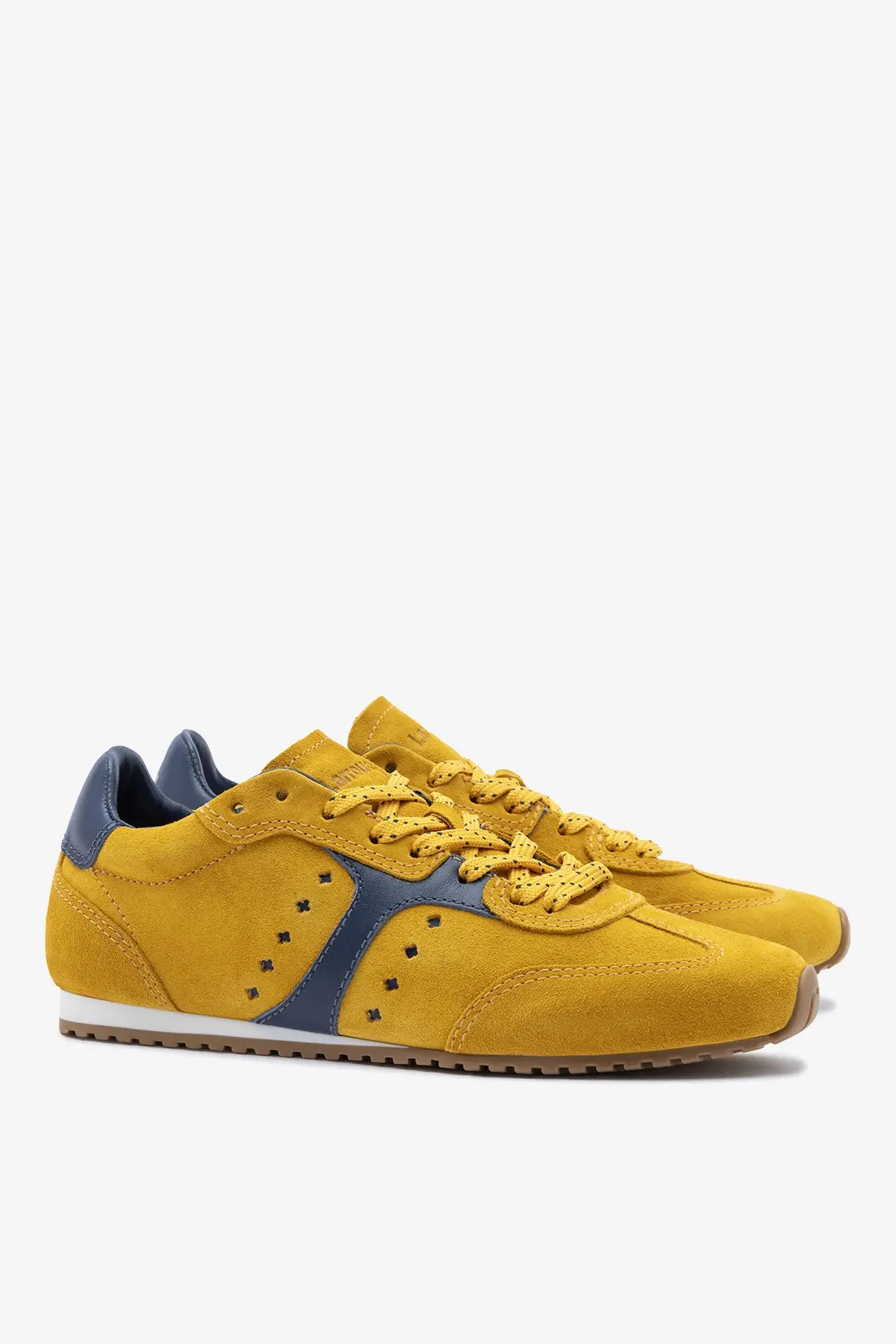 Stella Sneaker In Yellow Suede and Navy Leather | Larroude