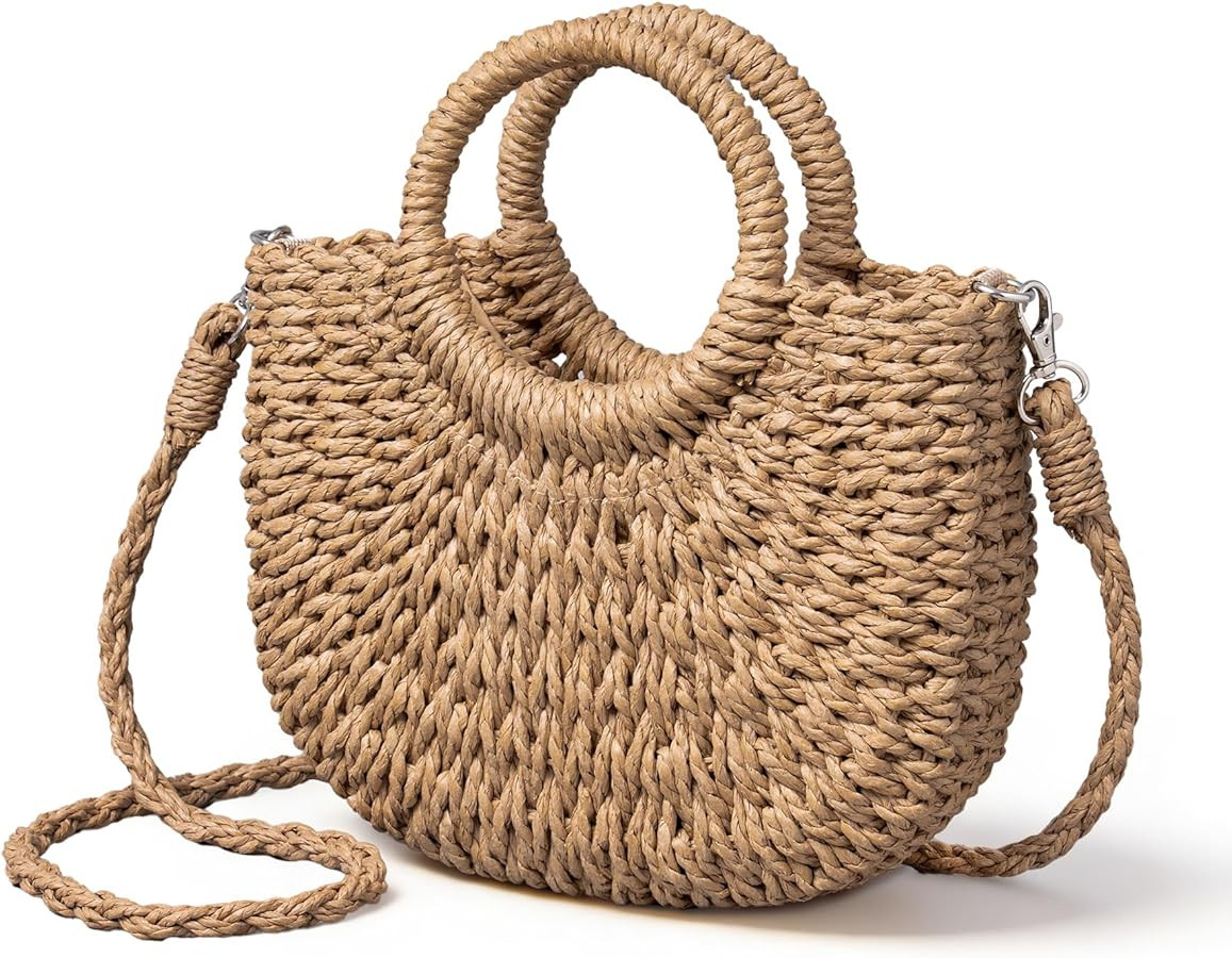 Rancco Straw Bags for Women, Rattan Purse with Round Wooden Handle, Detachable & Adjustable Beach... | Amazon (US)