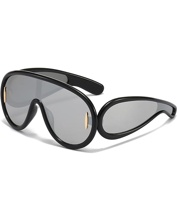 Breaksun Fashion Wave Mask Sunglasses for Women Men Oversized Silver Mirrored Futuristic Shield S... | Amazon (US)