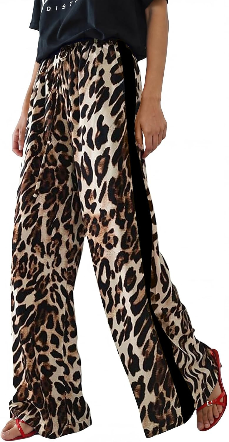 Rapbin Womens Leopard Wide Leg Pants Flowy Side Striped Palazzo Trousers | Amazon (US)