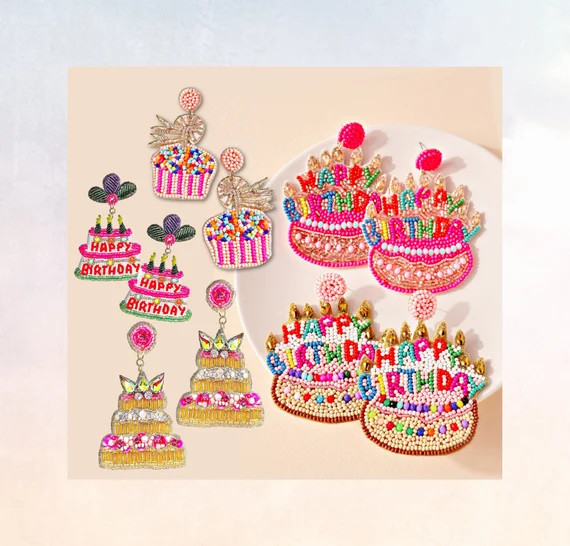 Gift Boxed Bestseller Happy Birthday Cake Cupcake Gift Bead Crystal Earrings Statement Jewelry | Etsy (US)