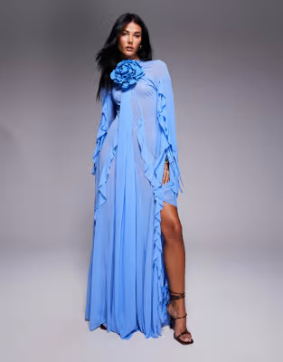 ASOS DESIGN corsage extreme ruffle maxi dress in blue | ASOS (Global)