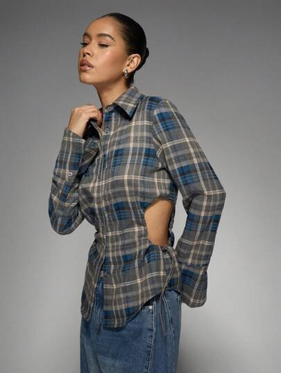 MISSGUIDED Checked Fitted Cut Out Sides Longline Shirt | SHEIN