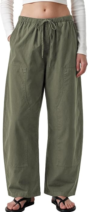 Women Barrel Pants Baggy Work Trousers Drawstring Elastic Waist Wide Leg Casual Pants with Pocket... | Amazon (US)