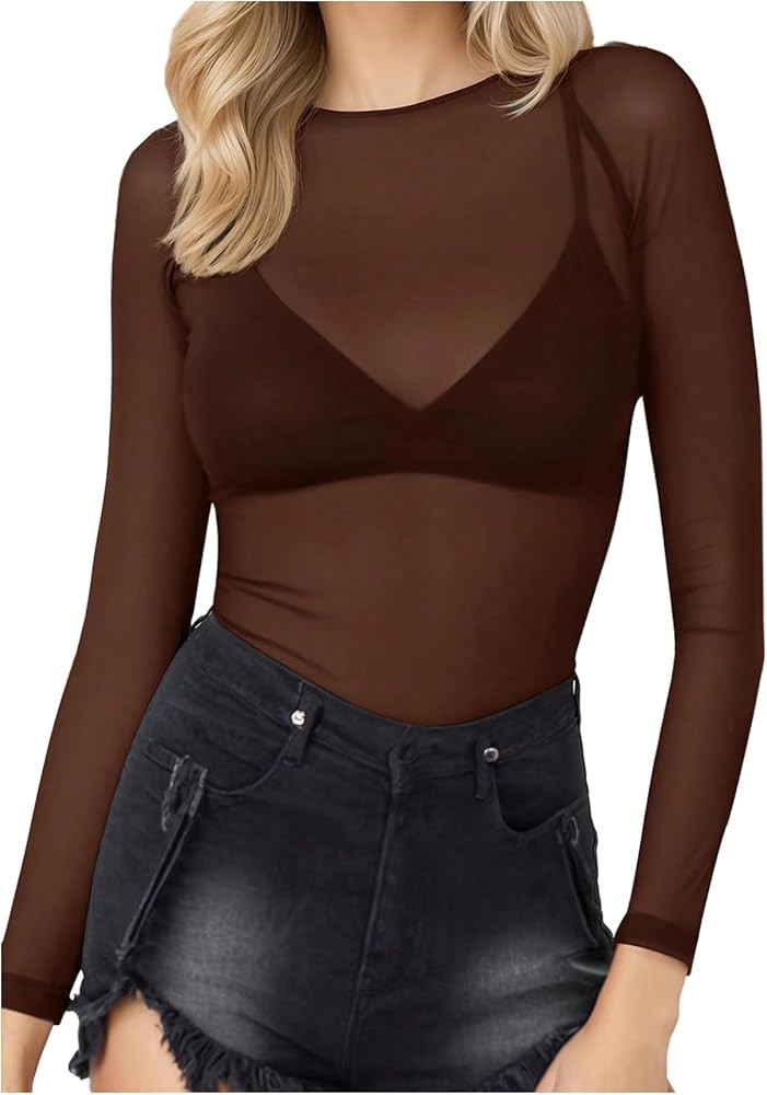 SOLY HUX Women's Mesh Top Long Sleeve Crew Neck Sheer See Through Fitted Going Out Shirts Clubwea... | Amazon (US)