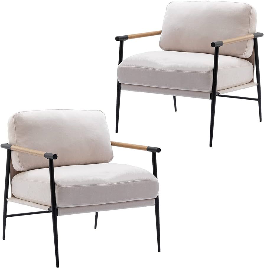 DUOMAY Mid-Century Modern Accent Chairs Set of 2 - Soft Linen Upholstered Lounge Reading Chair for Bedroom - Comfy Lightweight Livinig Room Chairs - Beige | Amazon (US)