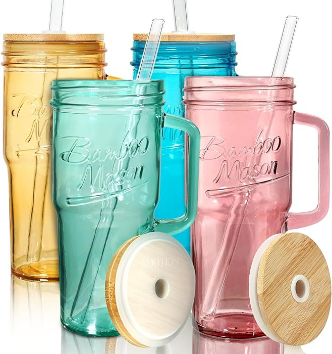 ANOTION Colored Glass Cups with Handle Set of 4, 24oz Glass Cups with Lids and Straws Travel Coff... | Amazon (US)