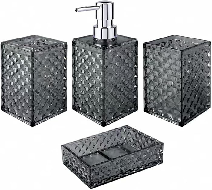 Bathroom Accessory Set, Grid Pattern 4 Pcs Plastic Bathroom Set Include Soap Dispenser, Soap Dish... | Amazon (US)