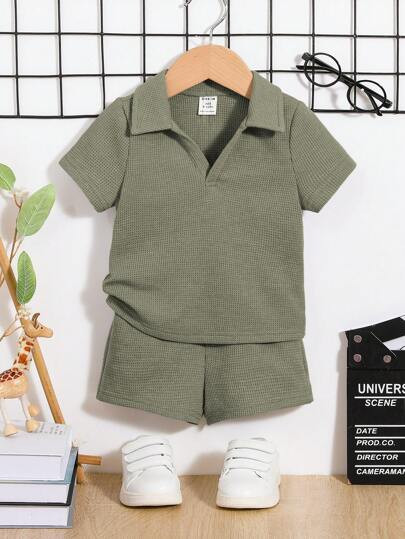 Baby Boy/Girl Green Casual Knitted Textured Fabric Solid Color Simple V-Neck Short Sleeve Polo Sh... | SHEIN