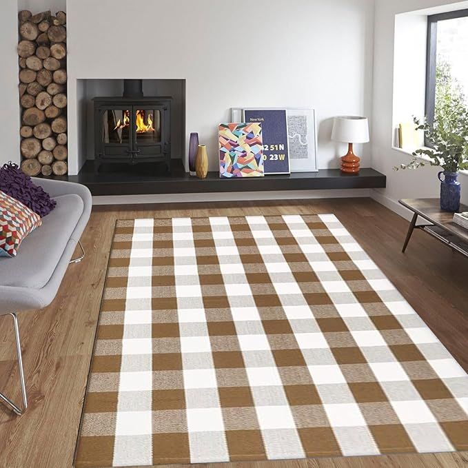 Fall Outdoor Rug Brown and White Buffalo Plaid Rug Cotton Hand-Woven Buffalo Check Rug Layered Do... | Amazon (US)