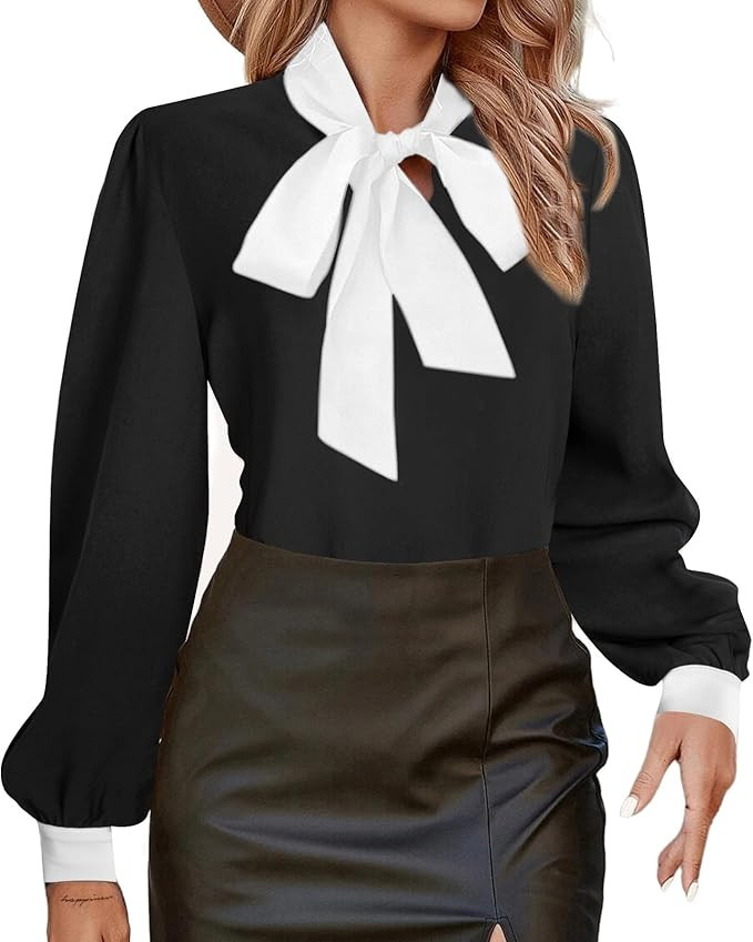 Avanova Women Tie Neck Bishop Long Sleeve Shirts Casual Work Blouses Tops | Amazon (US)