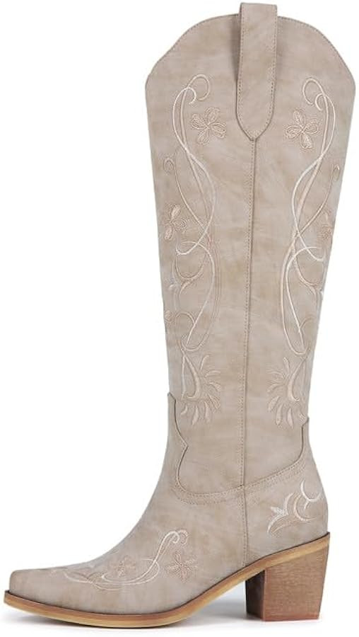 ZJA Women's Cowgirl Knee High Western Boots Cowboy Tall Floral Embroidered Pointed Toe Chunky Hee... | Amazon (US)