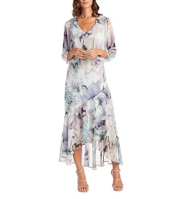 Watercolor Floral Printed Chiffon V-Neck Ruffle High-Low 3/4 Sleeve 2-Piece Jacket Gown | Dillard's