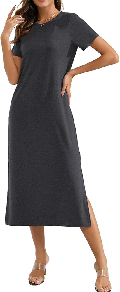 Naggoo Women's Short Sleeve Split Maxi Dress Casual Plain Tie Dye Print Tshirt Long Dresses with ... | Amazon (US)