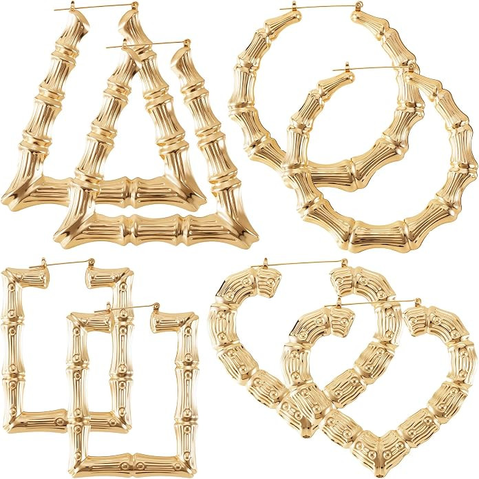 4 Pairs Large Bamboo Earrings, Hoop Bamboo Earrings, Hypoallergenic 80s 90s Shiny Hip Hop Earring... | Amazon (US)