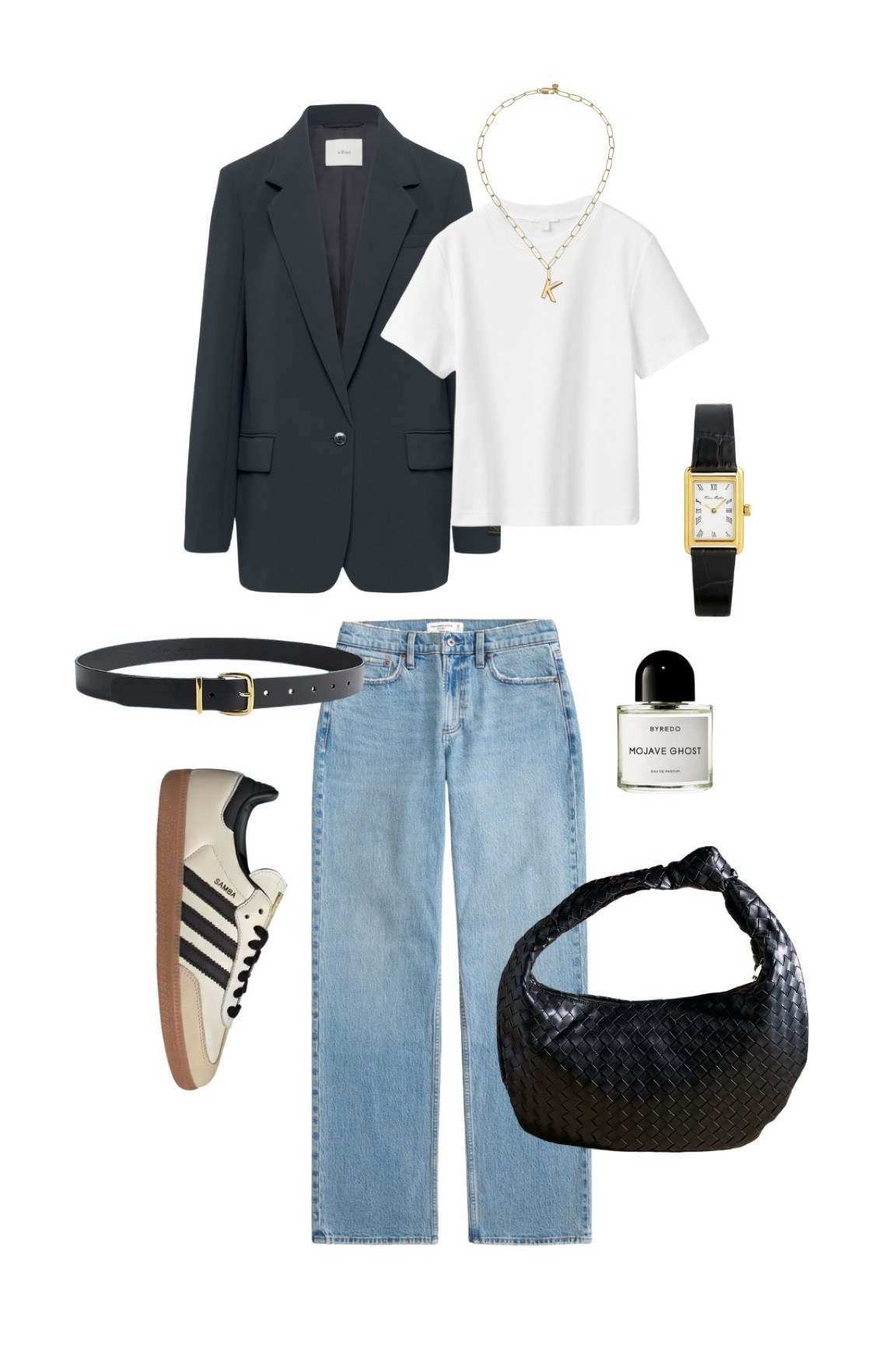 This COS white t shirt is a staple in my wardrobe - thick, flattering, and looks so high-end. This outfit is perfect for a smart casual office dress code 💻 

Adidas sambas, woven leather bag, simple workwear outfit, low rise Abercrombie jeans, navy blazer, chic outfit, student outfit 

#LTKFindsUnder50 #LTKWorkwear #LTKFindsUnder100