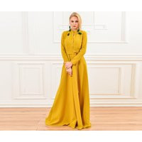 Mustard Maxi Dress, Collar Shirt Floor Plus Size Clothing, Long Sleeves Flare Pleated Women Dress | Etsy (US)