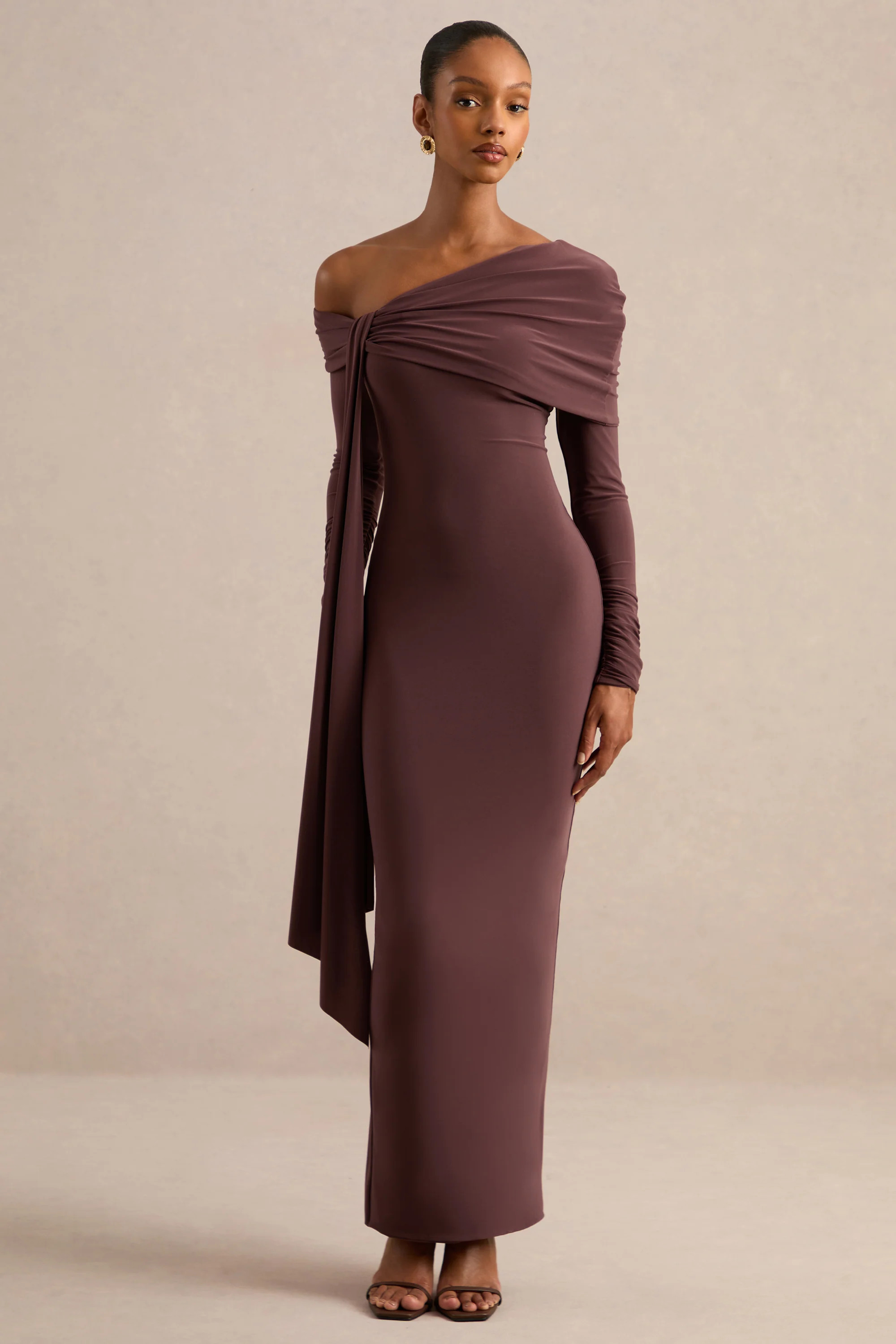 Faeryn | Dark Brown Asymmetric-Neck Maxi Dress With Gathered Detailing | Club L London
