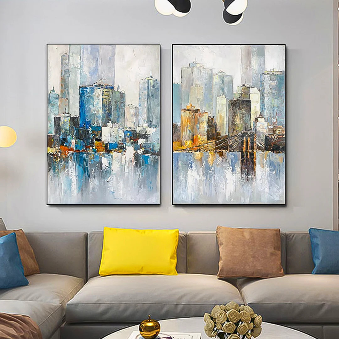 2 Piece Wall Art Gallery Wall Set City Oil Painting Large City Painting on Canvas Set of 2 Vertic... | Etsy (US)