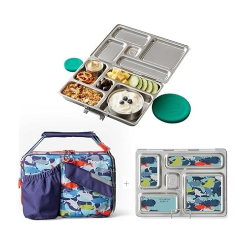 PlanetBox Rover Stainless Steel Bento Box Style Lunch Box Kit for Kids with 5 Compartments, Camo Shark Edition includes Insulated Lunch Bag, Leakproof Food Containers and Matching Magnets | Amazon (US)