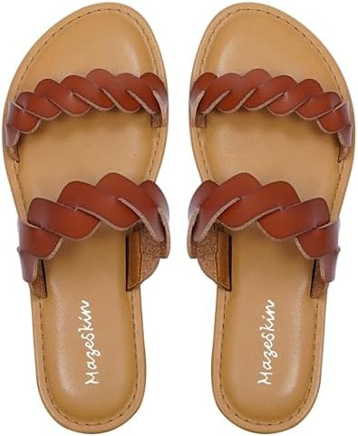 mazeskin Women's Memory Foam Two Braid Band Comfortable Summer Straps Flat Slide Sandals | Amazon (US)