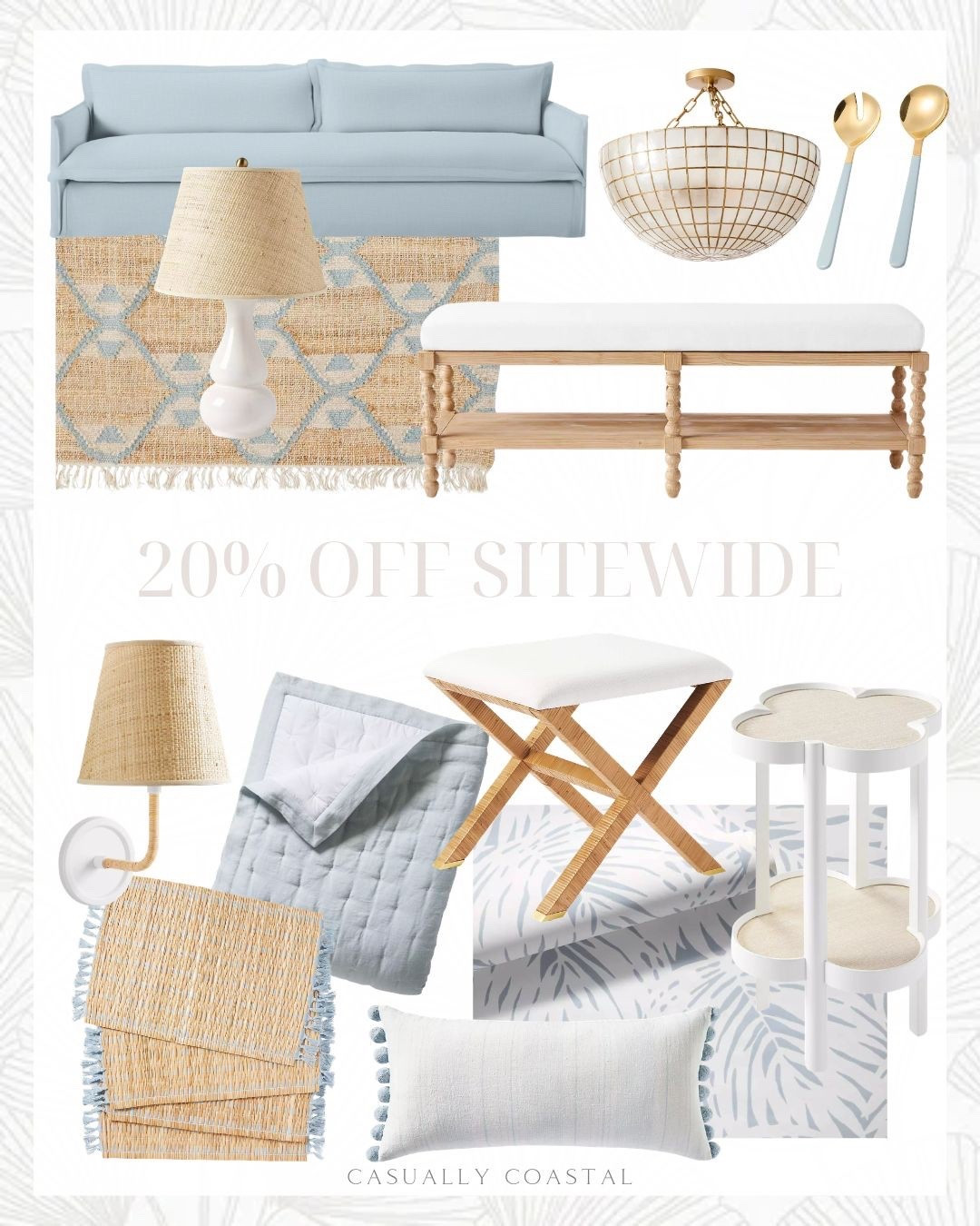 Serena & Lily is having a sitewide 20% off sale right now, so sharing a few of my favorites! Some I have in my own home, and some I'm eyeing for future purchases!
 ---- 
Coastal home, coastal rugs, coastal side tables, coastal bedding, coastal stool, coastal pillow covers, Eden martini table, Serena & lily rugs, neutral rugs, 3x5 rugs, 5x7 rugs, 6x9 rugs, 8x10 rugs, 9x12 rugs, 10x13 rugs, rattan x-base stool, rattan side table, coastal quilt, linen quilt, capiz flush mount, palm wallpaper, coastal wallpaper, single sconce, martini table, living room furniture, bedroom furniture, blue couches, blue sofas, couch with bench seating, white lamps, coastal lighting, capiz lighting, bedroom benches, entryway bench, wood bench, serveware, serving utensils, woven placemats, beach house furniture, lake house furniture, nightstand lamps, bedroom lamps, living room lamps, lamps with woven shade

#LTKHome #LTKSaleAlert