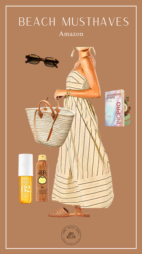 Neutral beach staples I swear by 🤎
Striped sundress, oversized woven tote, SPF 50 sunscreen, tortoise sunnies, woven slides, and my favorite whitening strips for that summer glow-up.

Coastal, effortless, and all Amazon.

#LTKSeasonal #LTKTravel #LTKFindsUnder50 #AmazonStyle #BeachStyle #CoastalVibes #SummerWardrobe #NeutralStyle #CapsuleWardrobe 

 