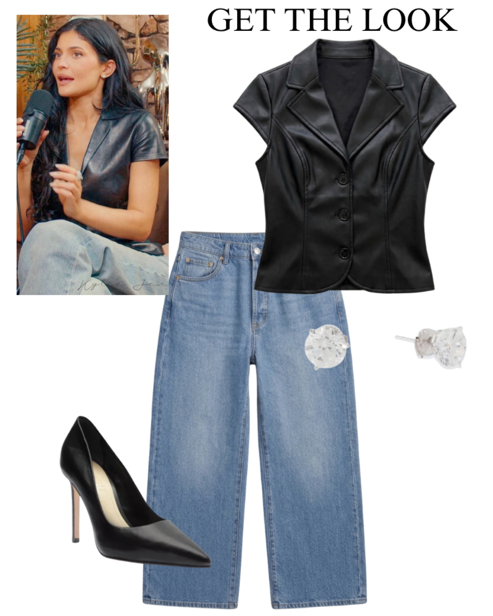 Kylie Jenner outfit look for less, jeans, black heels, diamond, earrings, black, leather blouse, date, night, celebrity style, outfit idea.

#LTKSaleAlert