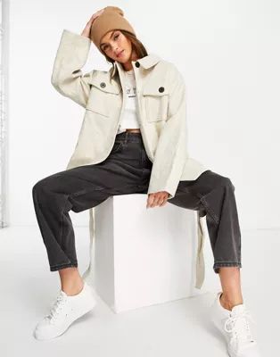 ASOS DESIGN belted shacket in cream | ASOS (Global)