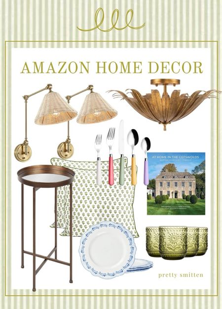 Amazon Home Decor - rattan sconces, budget friendly flush mount, block print pillows, blue and white melamine plates , English countryside design book

#LTKhome