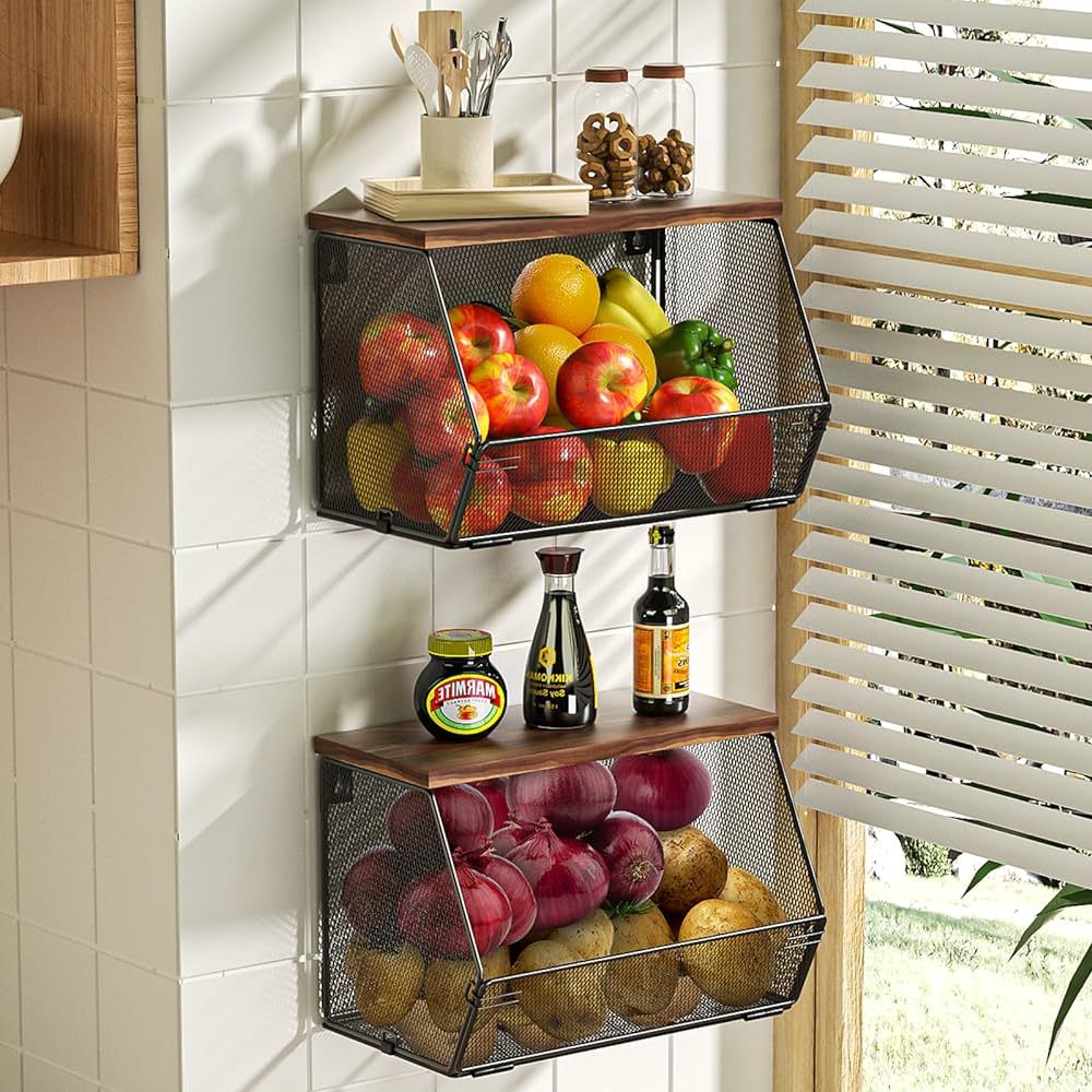 Hanging Fruit Basket Wire Baskets with Wood Lid, 2 Pack Stackable Kitchen Counter Organizer Count... | Amazon (US)