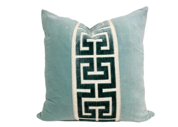 Aqua Mist Velvet Pillow Cover with Large Greek Key Trim  | Etsy | Etsy (US)