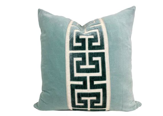 Aqua Mist Velvet Pillow Cover with Large Greek Key Trim  | Etsy | Etsy (US)