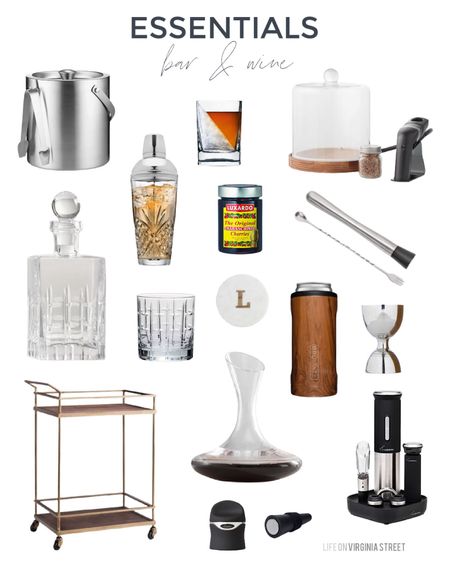 Sharing the bar essentials gift guide for the home entertainer!  Includes must have items like a complete wine opener set, different wine and bottle stoppers, a bell jigger and a wood and gold finish bar cart.  Additional items include a stainless-steel ice bucket, a glass cocktail shaker, stainless steel muddler and mixing spoon, wood and marble monogrammed coasters, a wood can cooler and the best cocktail cherries ever!  Finally, elevate your home bar with a smoking cloche, a beautiful library glass decanter with matching old-fashioned glasses, a whiskey ice wedge glass or a glass wine decanter.

Bar cart, cocktails, whiskey glass, decanter, homebar, mixology, home bartender, drinks, bar, happy hour, alcohol, ice bucket, wine opener, drinkware, gifts for him, mens gifts, amazon prime, amazon bar, amazon drinking glasses, amazon bar, pottery barn drinkware, pottery barn bar #ltkholiday #ltkfamily #ltkwedding 

#LTKSeasonal #LTKstyletip #LTKunder50 #LTKunder100 #LTKhome #LTKsalealert #LTKunder100 #LTKunder50 #LTKFind