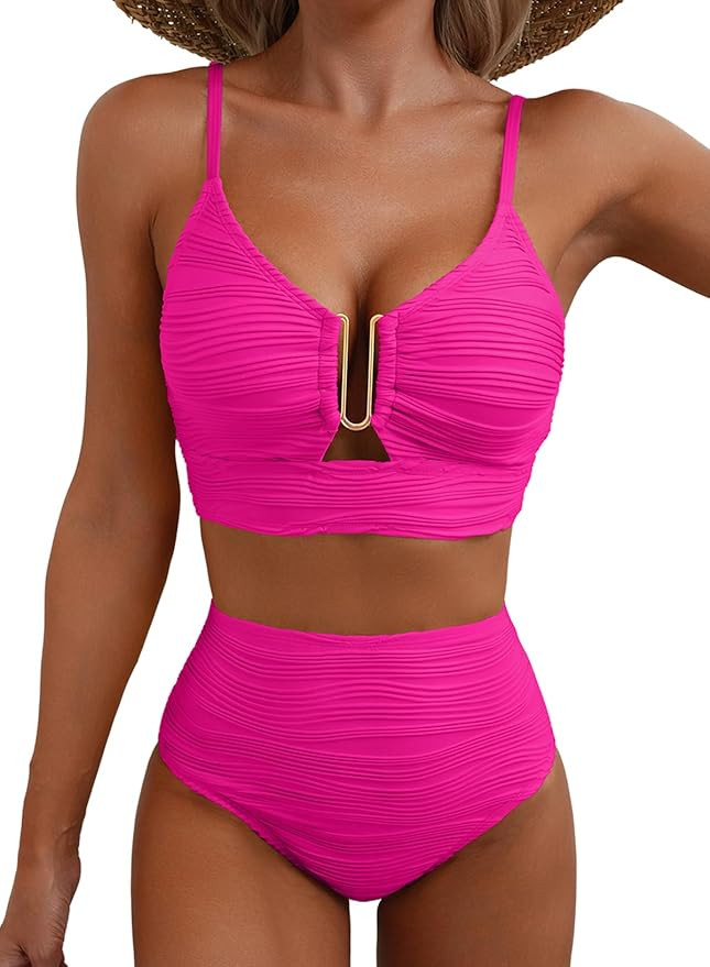 2 Piece Bikini Set U-Wire Cutout Popular Swimsuit High Waisted Textured 2026 Summer Beach Swim Ba... | Amazon (US)