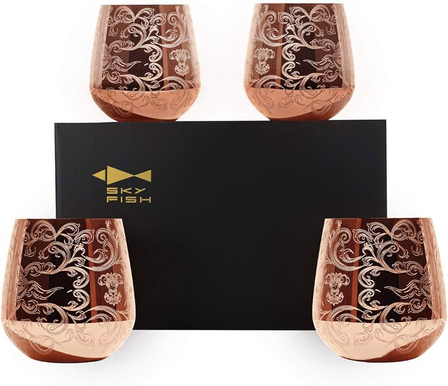 Sky Fish Stemless Stainless Steel Etching Wine Glasses,18 oz Copper Plated,Set Of 4 | Amazon (US)