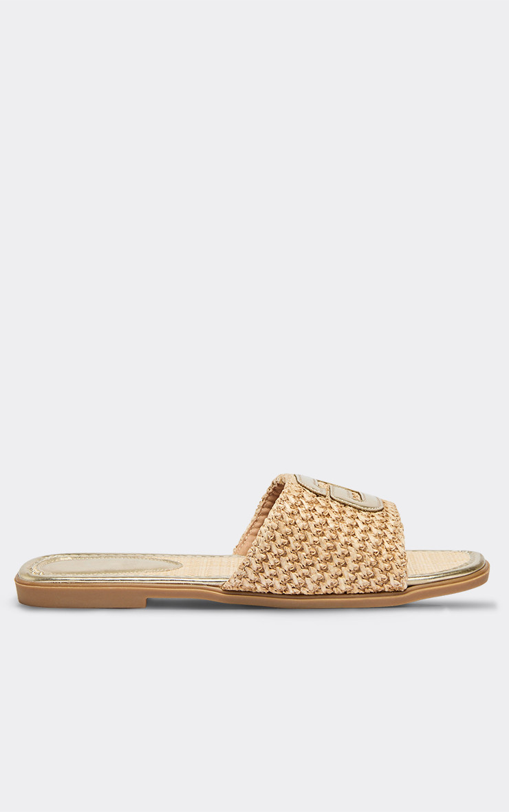 Crush Logo Woven Detail Flat Slider Sandal In Gold Faux Leather | EGO Shoes (US & Canada)