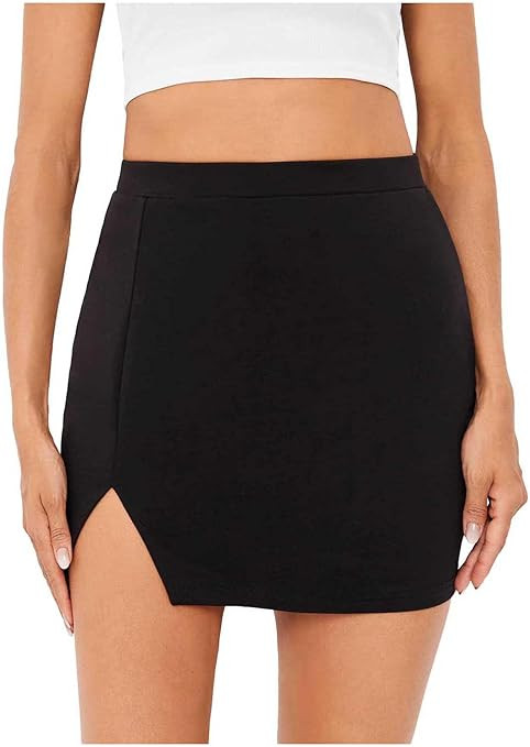 Verdusa Women's Casual Asymmetrical Slit Split Hem Bodycon Pencil Mini Skirt | Amazon (US)