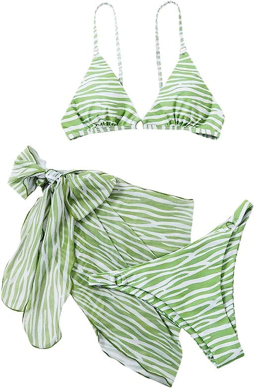 SOLY HUX Women's Wrap Triangle Bikini Bathing Suits with Mesh Beach Skirt 3 Piece Swimsuits Green... | Amazon (US)