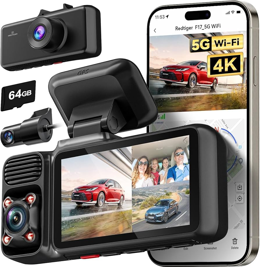 REDTIGER 4K 3 Channel Dash Cam 5G WiFi Built-in GPS with 64GB Card, 2160P+1080P+1080P Front and R... | Amazon (US)
